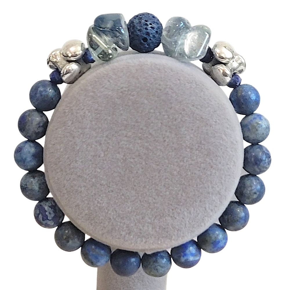 Hand Crafted Matte Lapis Bracelet Lava Rock Glass Stretch Size 7.5 Inch